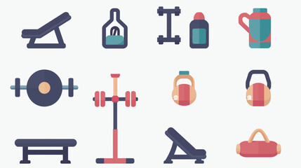 Fototapeta premium Flat icons of gym treadmill, barbell, and protein shake — fitness and workout equipment vector design