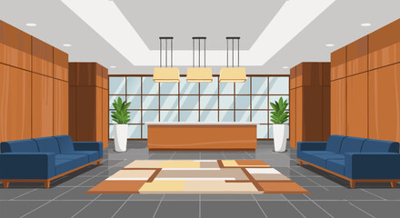 Modern office building lobby or hotel reception area with a front desk, waiting lounge with sofas, and wooden walls vector illustration. c