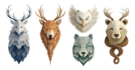 Fototapeta premium Stylized Animal Heads in Low Poly Art Style with Isolated Transparent Background