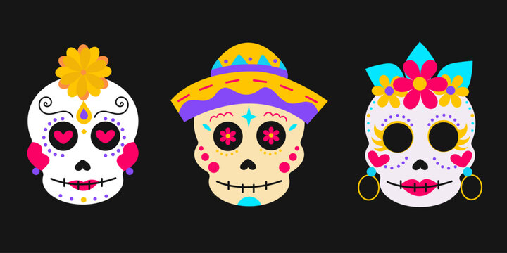 Dia de los muertos. A set of different  Mexican traditional sugar skulls. Vector illustration on isolated dark background
