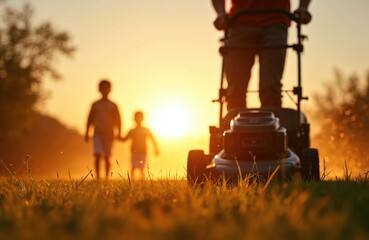 Man mows green lawn with a grass cutter during warm summer sunset. Children walk in background holding hands in golden light. Father doing yard work with his family.