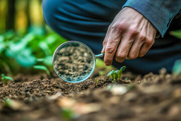 A gardener inspects the soil and small plants using a magnifying glass during a bright and sunny day in a lush garden