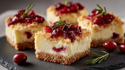 A cranberry cheesecake bites, overhead composition, soft light