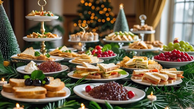 Festive Buffet with Appetizers, Candles, and Christmas Trees in Holiday Atmosphere (AI-generated)
