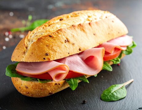 Close-up of a sub sandwich with ham, tomato, and greens