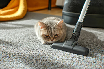 A gray cat sits on the soft carpet, watching a vacuum cleaner nearby in a bright, comfortable living space