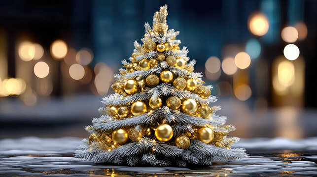 Golden abstract Christmas tree glowing in the night with festive lights and sparkling atmosphere, elegant holiday background design with copy space for celebration. Copy space, banner