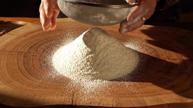 Hands skillfully sift flour onto a wooden surface, creating a soft mound as sunlight bathes the kitchen. The warm atmosphere invites creativity and baking joy into the moment.