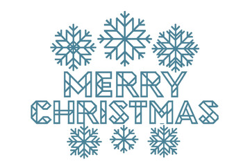 Merry christmas geometric text with blue snowflakes on transparent background, winter holiday greeting concept