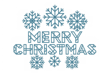 Merry christmas geometric text with blue snowflakes on transparent background, winter holiday greeting concept