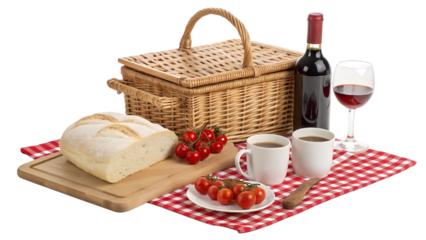 Classic Picnic Setup with Basket, Bread, Tomatoes, and Red Wine on a Checked Blanket