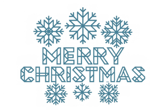 Merry christmas geometric text with blue snowflakes on transparent background, winter holiday greeting concept