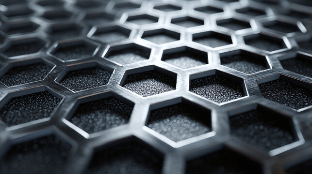 Close-up of a metallic honeycomb structure, showcasing geometric precision and texture. The repeating hexagonal pattern creates an intricate design.