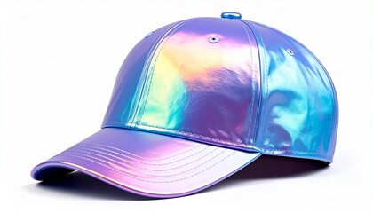 Fototapeta premium Iridescent metallic baseball cap with stitched panels and curved brim in purple blue pink silver tones for editorial fashion photography accessory design and poetic style-themed visuals
