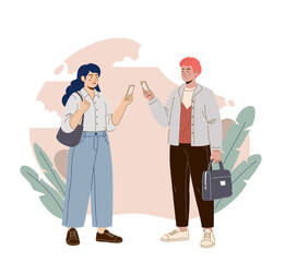 Vector illustration of two young people communicating and sharing information using smartphones. Modern lifestyle concept in flat cartoon style.
