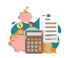Vector illustration of financial planning with piggy banks, coins, calculator, and checklist. Concept of saving money, budget management, and personal finance in flat style.
