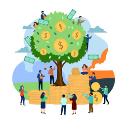 Vector illustration of people growing a money tree with coins and dollar bills. Concept of financial growth, investment, and business success in flat cartoon style.