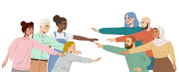Diverse group of people reaching hands together, unity, teamwork, inclusivity, community support, togetherness, multicultural friendship in flat modern illustration.