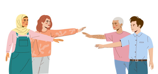 Diverse group of people reaching hands together, unity, teamwork, inclusivity, community support, togetherness, multicultural friendship in flat modern illustration.