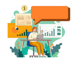 Vector illustration of a businesswoman analyzing financial charts on a laptop. Concept of data analysis, business growth, and financial report presentation.