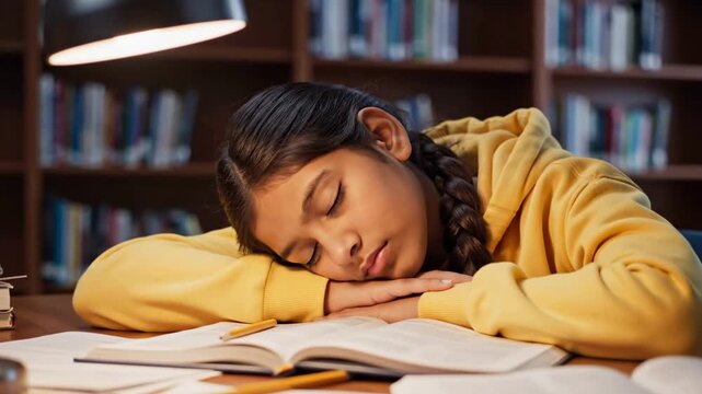 A sleeping student, a young girl at a desk in a reading room, library. A teenage girl is sleeping at a desk on her textbooks.