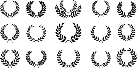 Collection of Black Laurel Wreaths and Branches in Three Rows Keywords: laurel wreath, branches, leaves, olive branches, victory wreath, award, achievement, success, recognition, honor, medal