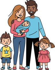 Create a kinds of deferent Family of five A simple of a young couple, a baby, and two children vector art with white background..