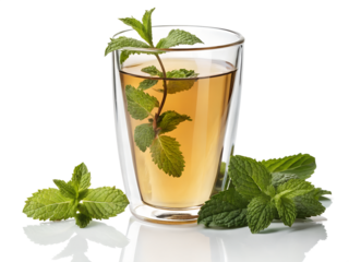 Fresh Mint Tea in a Clear Glass with Sprigs of Peppermint, Herbal Brew