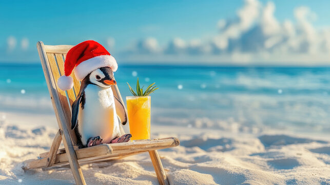 Adorable penguin in a Santa hat lounging on a beach chair, sipping a tropical drink and enjoying a festive Christmas on a sunny, sandy beach