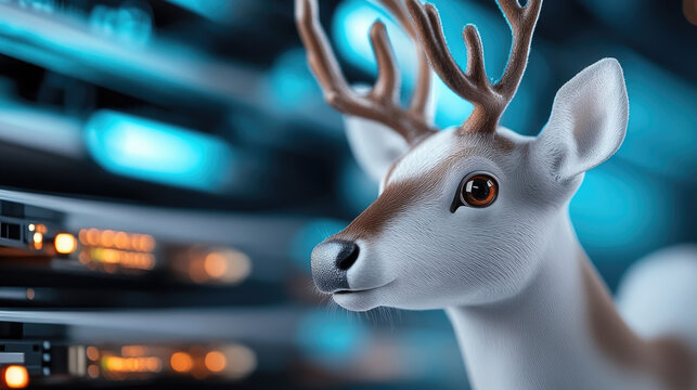 Silver reindeer gazing near glowing server racks, blending technological innovation with festive digital transformation in modern data center environment