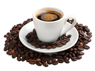 Fototapeta premium Top View of Espresso Coffee Cup Surrounded by Roasted Coffee Beans