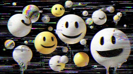 Colorful emoji balls floating on a pixelated, glitching surface against a dark, starry background, representing digital art and emotion.