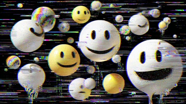 Colorful emoji balls floating on a pixelated, glitching surface against a dark, starry background, representing digital art and emotion.