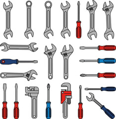 Create a kinds of deferent Spanner and screwdriver simple vector icon illustration material vector art with white background..