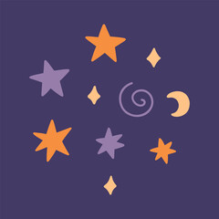 Cute Halloween decorative elements - stars, moon, sparkles and spiral on a dark background. Vector hand-drawn illustration in a flat style. Perfect for cards, decorations and holiday designs.