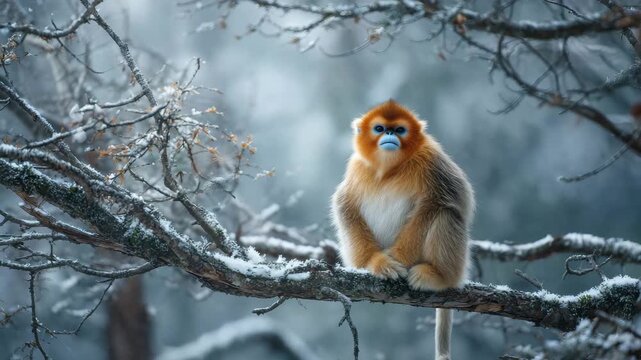 A snow monkey sits quietly on a branch in a winter forest, surrounded by snow and trees at dawn