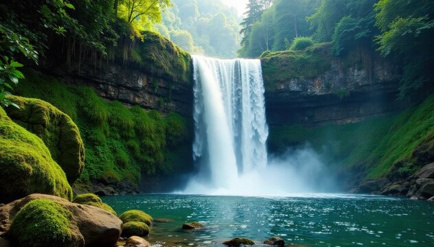 Rainforest Waterfall Cascading water over mossy rocks, surrounding lush green vegetation, mist, natural pool, serene environment. A beautiful, secluded rainforest waterfall. Crystal clear water