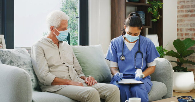 Nurse, clipboard and face mask with old man on sofa for consulting, tuberculosis or medical advice. Disease, healthcare exam and retirement with senior patient and female caregiver in nursing home