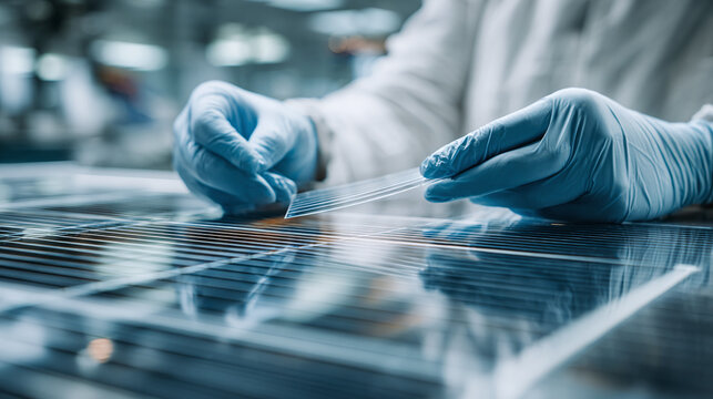 A person in a lab coat is inspecting solar panels with blue gloves, showcasing technological advancement and innovation