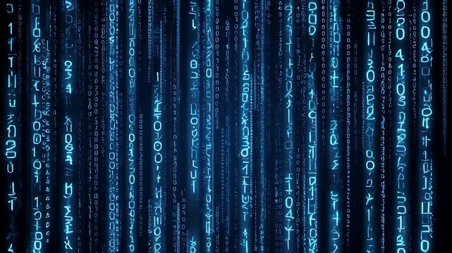 Matrix-like rain of blue numbers, symbols, and characters falling against a dark backdrop, creating a techy atmosphere