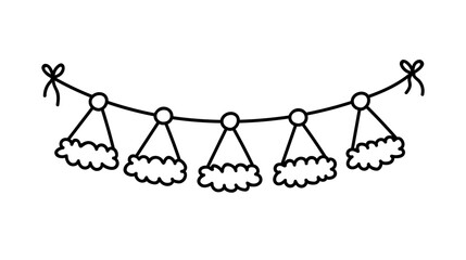 Christmas garland with Santa hats hanging from a ribbon isolated on a white background. Vector hand-drawn illustration in doodle style. Perfect for holiday designs, cards, decorations, logo.
