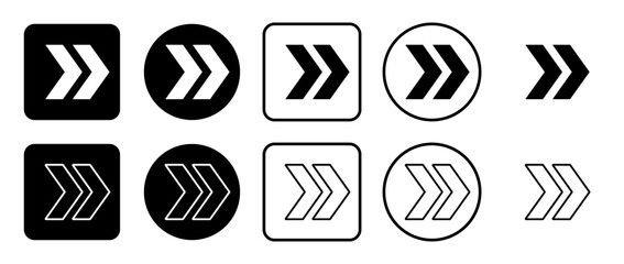 Icon set of double arrow symbol. Filled, outline, black and white icons set, flat style.  Illustration on transparent background