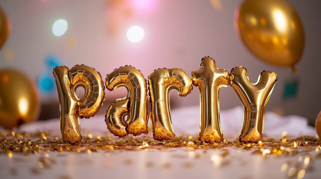 Let's celebrate with these stunning gold party balloons and confetti, perfect for invitations, social media, and adding festive sparkle to your designs