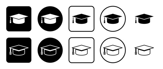 Icon set of square academic cap symbol. Filled, outline, black and white icons set, flat style.  Illustration on transparent background