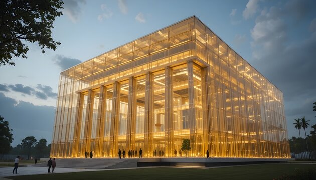 Solar Court Palace &mdash; golden glass structure powered entirely by solar energy, symbolizing transparent justice.

