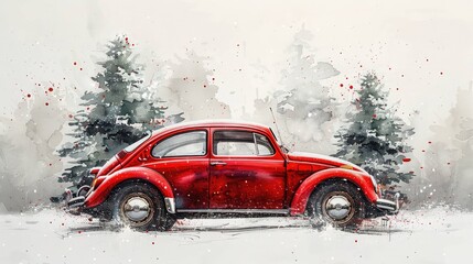Festive Journey: Minimalist Red Car and Pine Tree in Watercolor