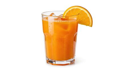 Refreshing orange juice with ice and a citrus slice garnish creating a vibrant, thirst quenching beverage perfect for summer advertising and healthy lifestyle content.
