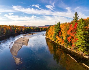 Autumn river bend, vibrant fall colors