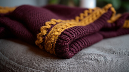 Fototapeta premium Cozy knitted blanket with cable pattern in maroon and gold colors