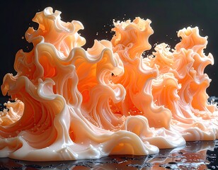 Abstract, swirling, peach-colored liquid forms explode in dynamic motion